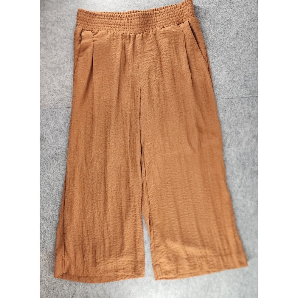A New Day Brown Smocked Waist Wide Leg Gauze Culotte Trousers Womens L